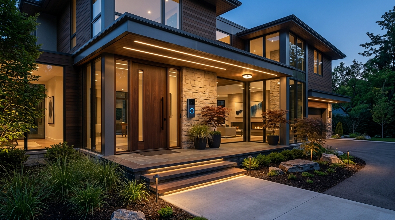 Smart home front entrance at twilight with illuminated video doorbell